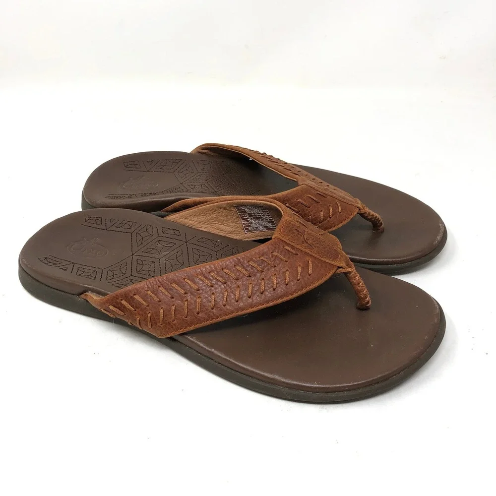 Chaco Mens 9 Sandals Brown Leather Woven Thong Jackson Flip Flops